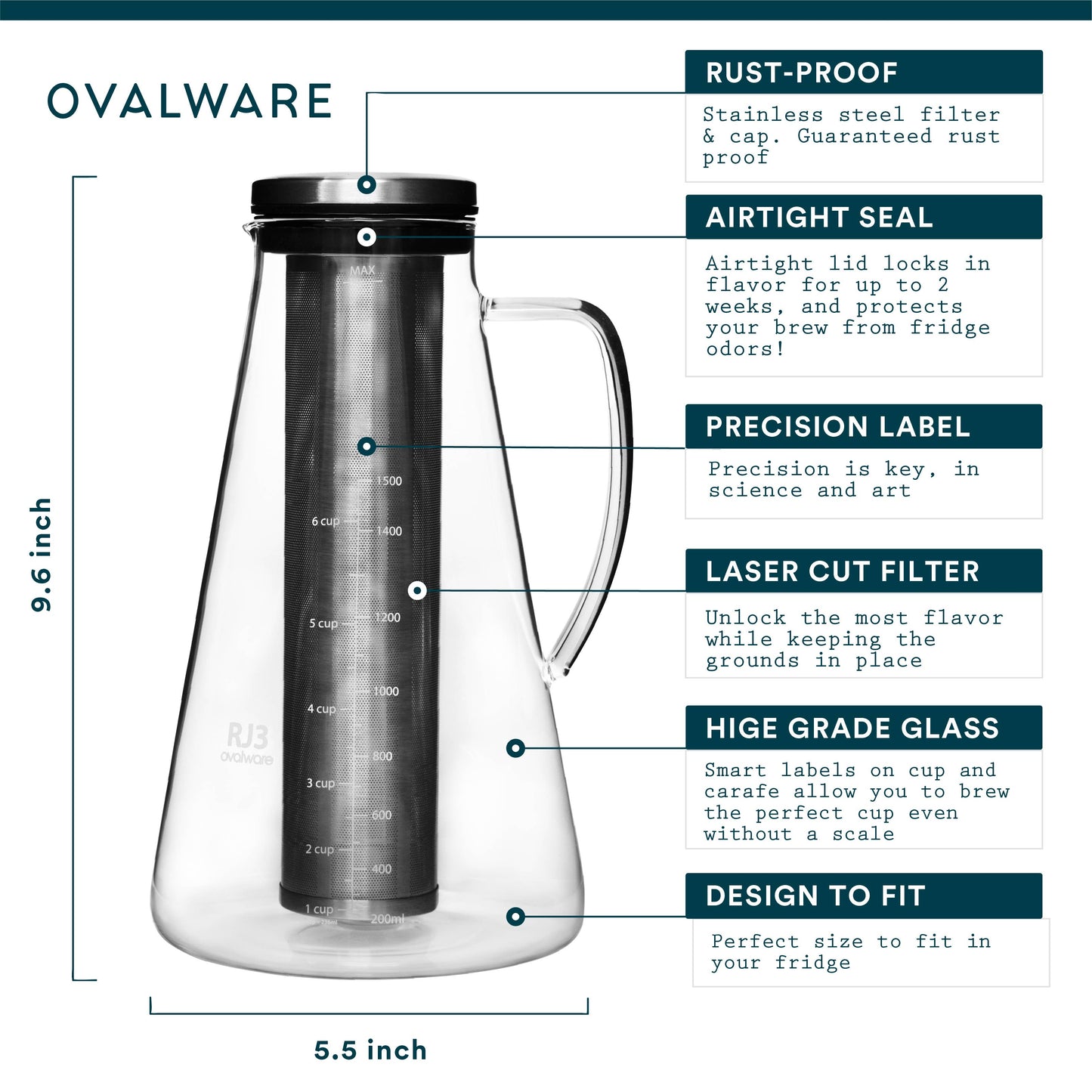 Ovalware Airtight Cold Brew Iced Coffee Maker Pitcher & Tea Infuser (1.5L)